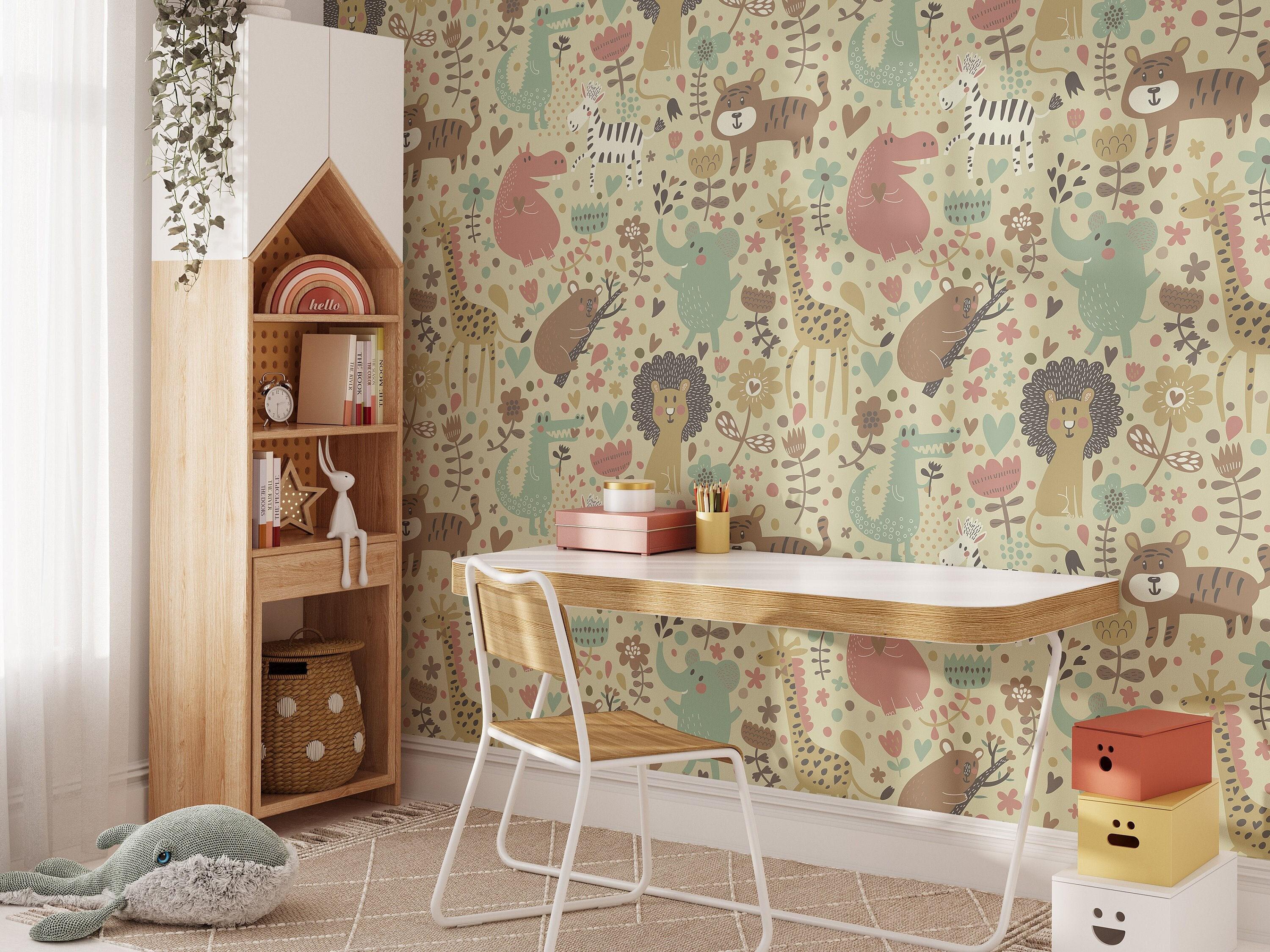 Beige animals wall with giraffes and lions