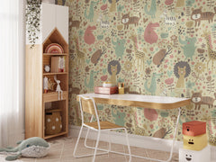 Beige animals wall with giraffes and lions