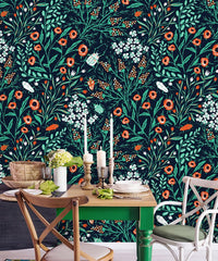 Summer Blooms and Colored Beetles Floral  Wallpaper