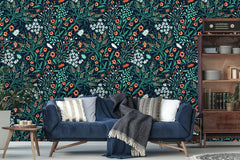 Summer Blooms and Colored Beetles Floral  Wallpaper