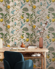 Beige Hummingbird and Lemon Tree Wallpaper