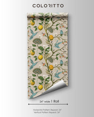 Beige Hummingbird and Lemon Tree Wallpaper