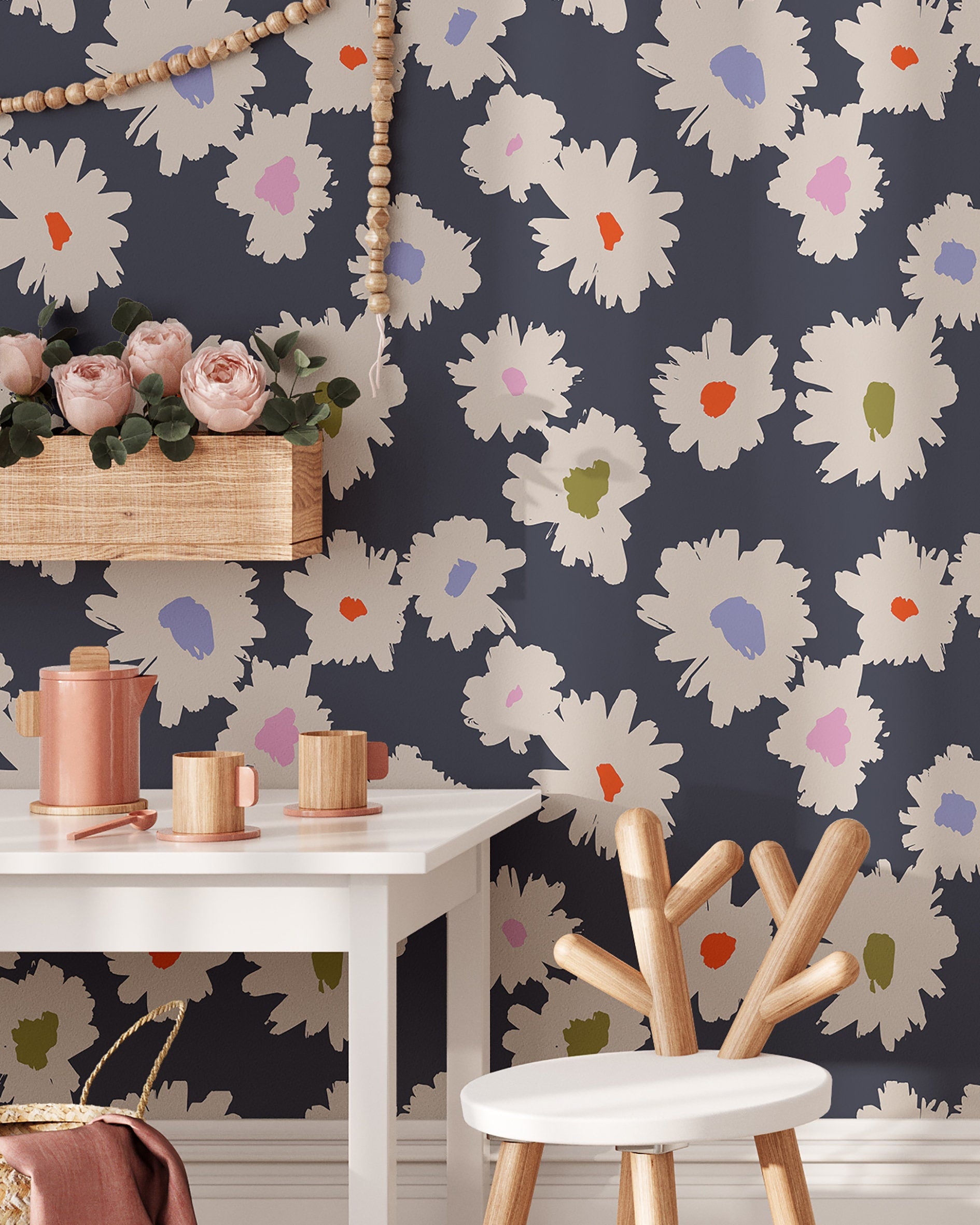 Abstract Flowers Wallpaper for kids' rooms by Coloritto, Naperville, IL. A vibrant and artistic design featuring abstract floral patterns, perfect for brightening children's spaces.